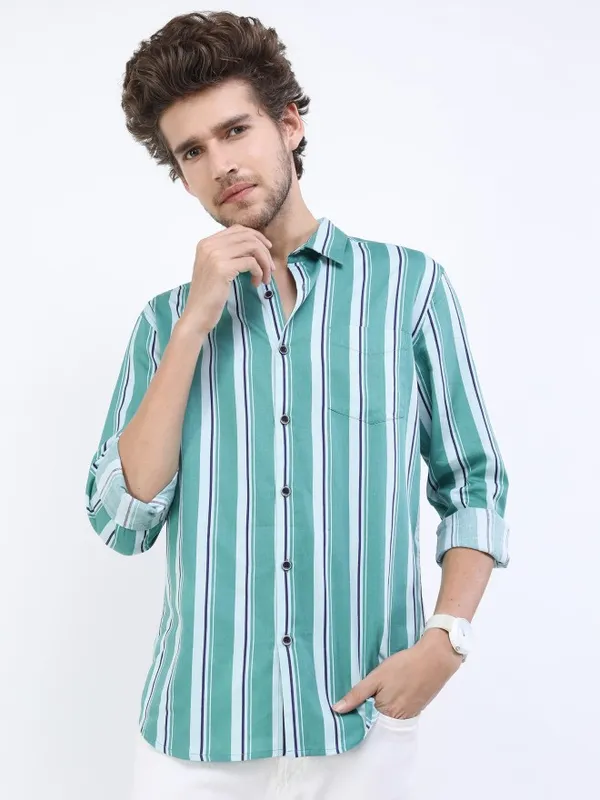  Ketch Men Teal Striped Slim Fit Casual Shirts