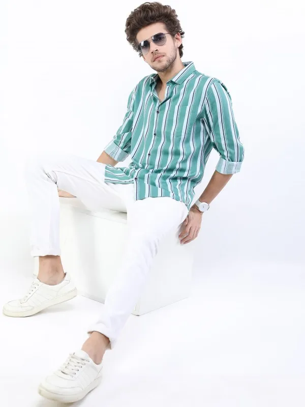  Ketch Men Teal Striped Slim Fit Casual Shirts