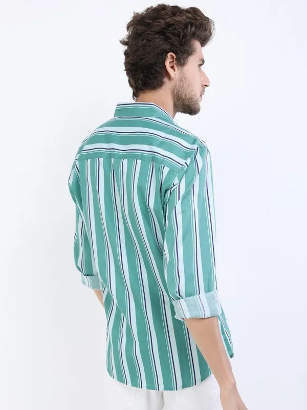  Ketch Men Teal Striped Slim Fit Casual Shirts