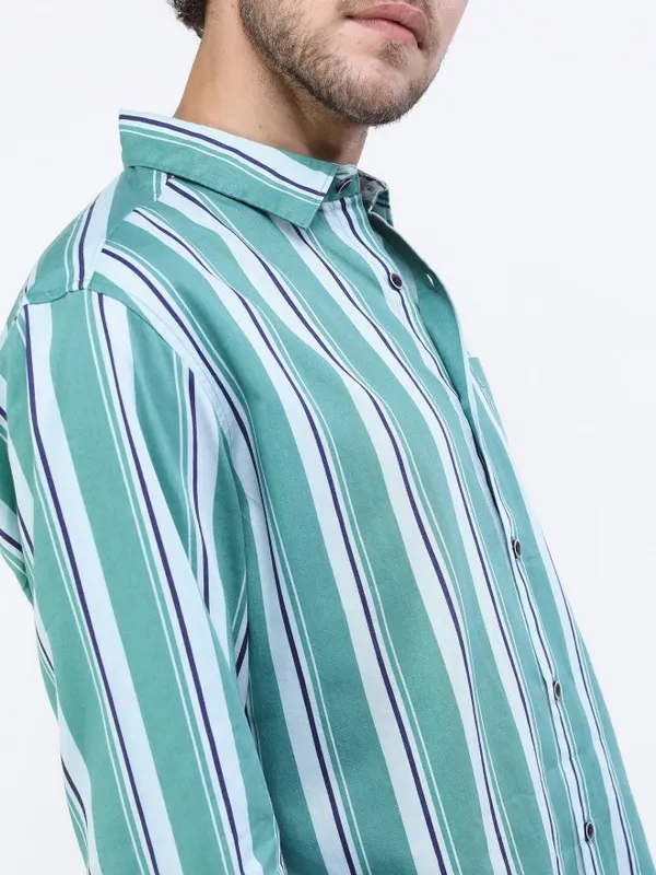  Ketch Men Teal Striped Slim Fit Casual Shirts