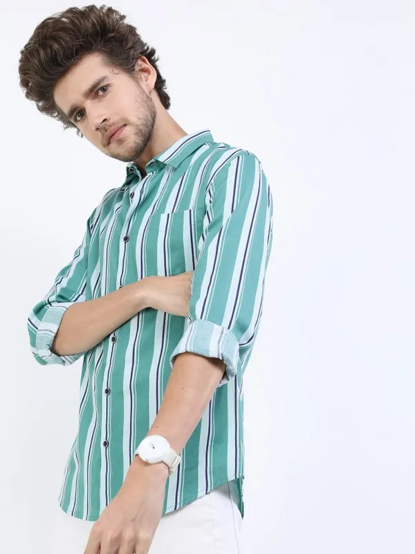  Ketch Men Teal Striped Slim Fit Casual Shirts