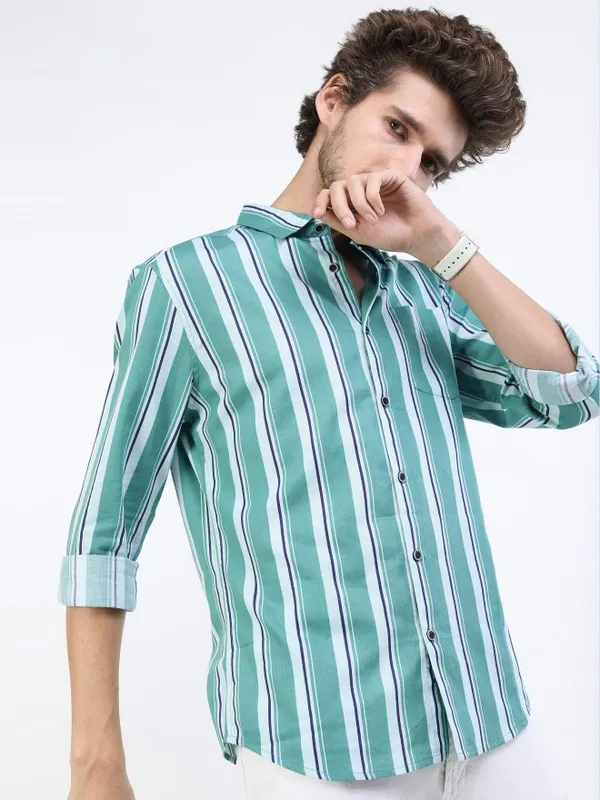  Ketch Men Teal Striped Slim Fit Casual Shirts