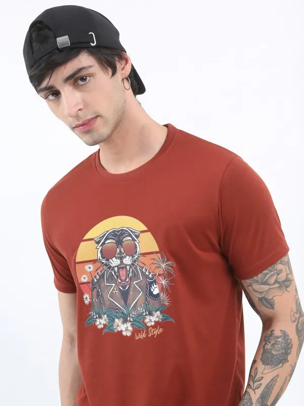  Ketch Men Maroon Printed Round Neck T-Shirts