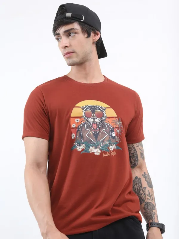  Ketch Men Maroon Printed Round Neck T-Shirts