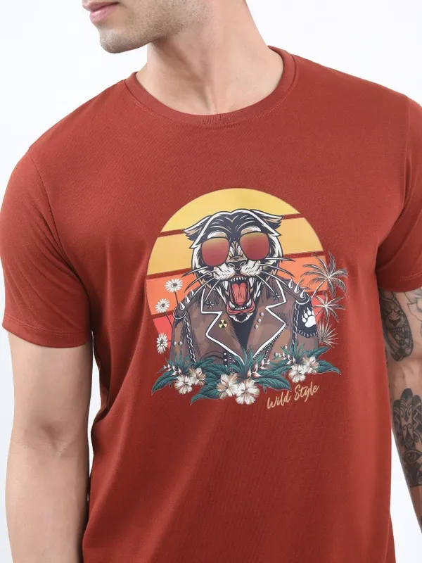  Ketch Men Maroon Printed Round Neck T-Shirts
