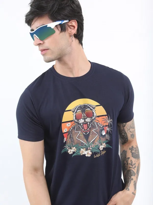  Ketch Men Navy Blue Printed Round Neck T-Shirts