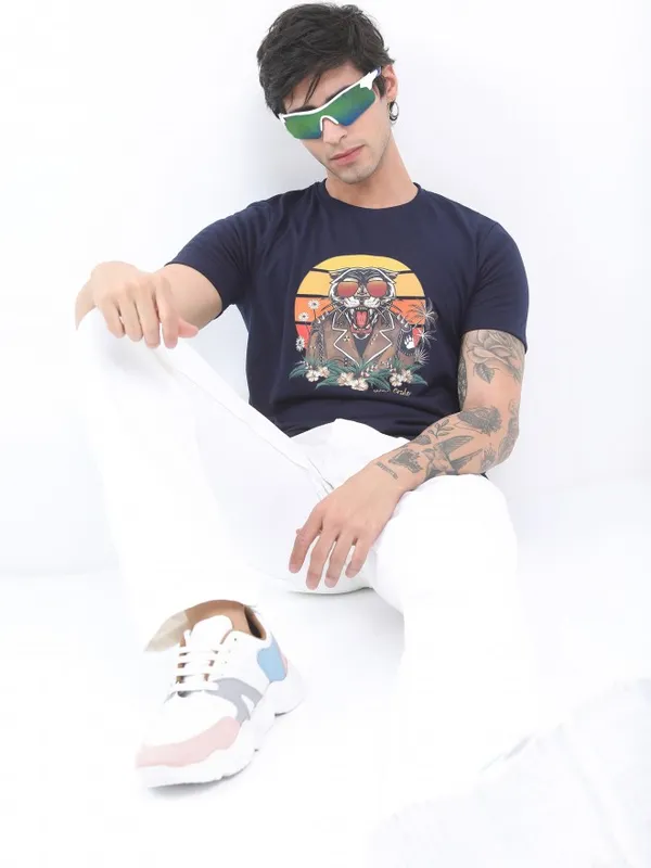  Ketch Men Navy Blue Printed Round Neck T-Shirts