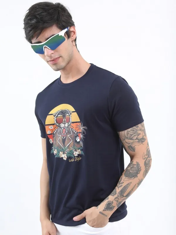  Ketch Men Navy Blue Printed Round Neck T-Shirts