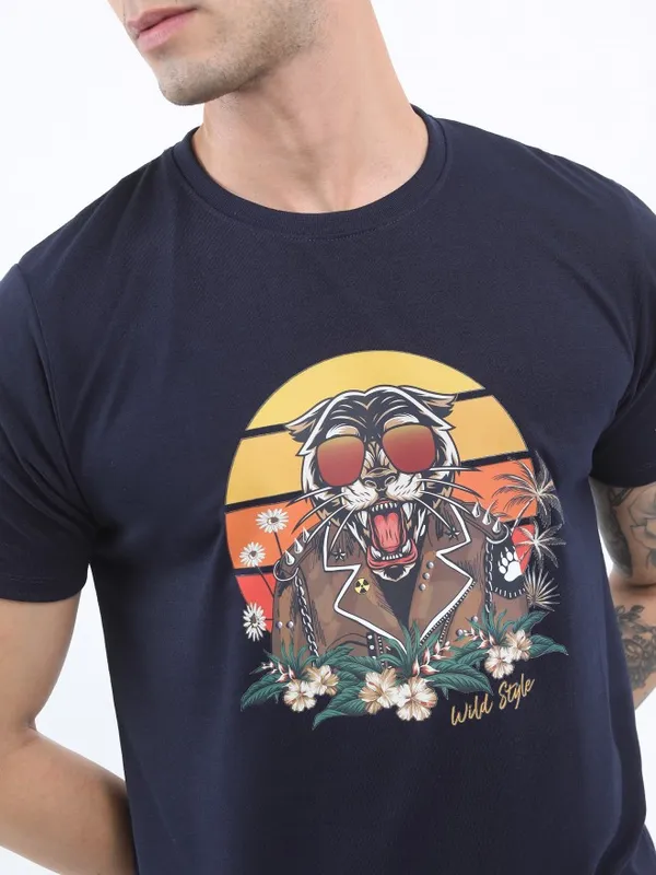  Ketch Men Navy Blue Printed Round Neck T-Shirts