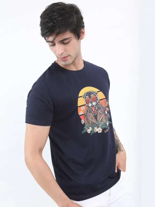  Ketch Men Navy Blue Printed Round Neck T-Shirts