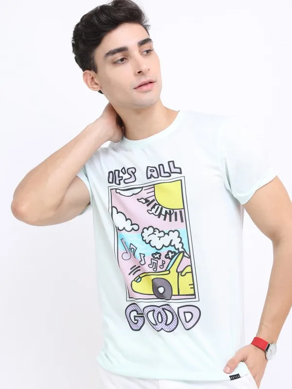  Ketch Men Sage Printed Round Neck T-Shirts