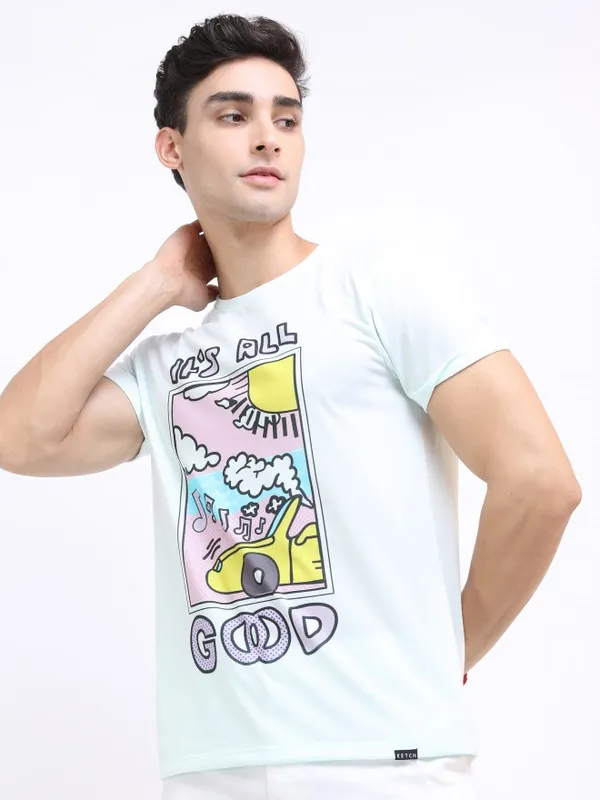  Ketch Men Sage Printed Round Neck T-Shirts