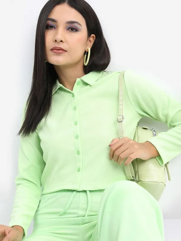 Tokyo Talkies Women Green Solid Shirt Style Top