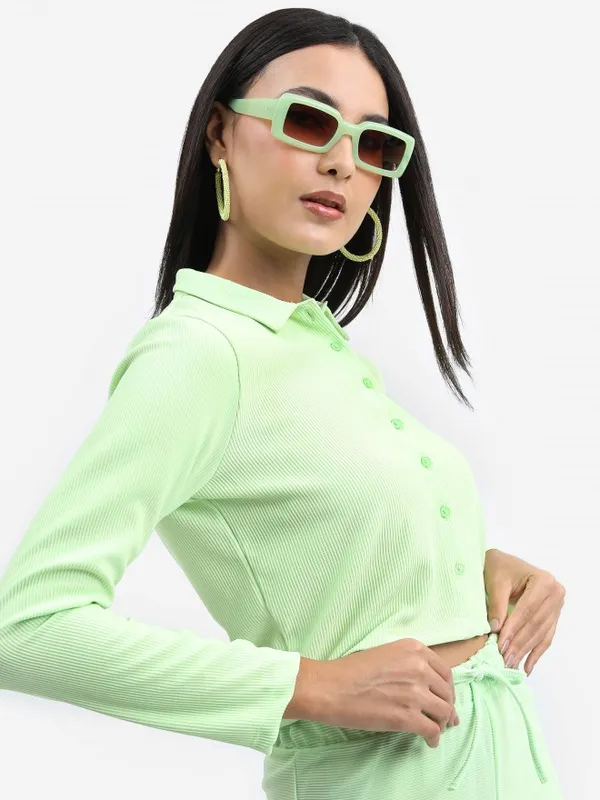 Tokyo Talkies Women Green Solid Shirt Style Top