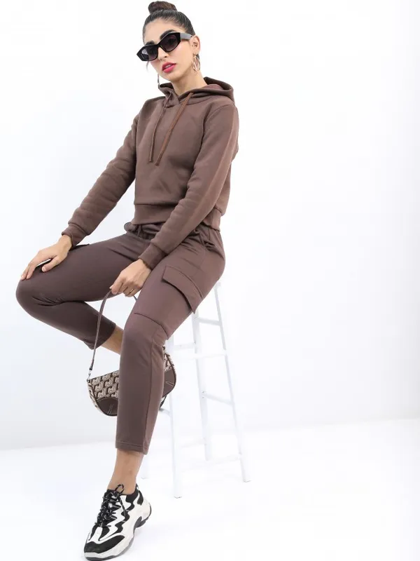  Ketch Women Brown Solid Pullover Hood Sweatshirts