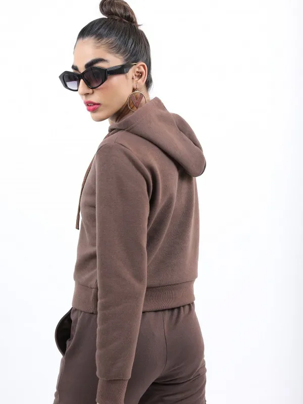  Ketch Women Brown Solid Pullover Hood Sweatshirts