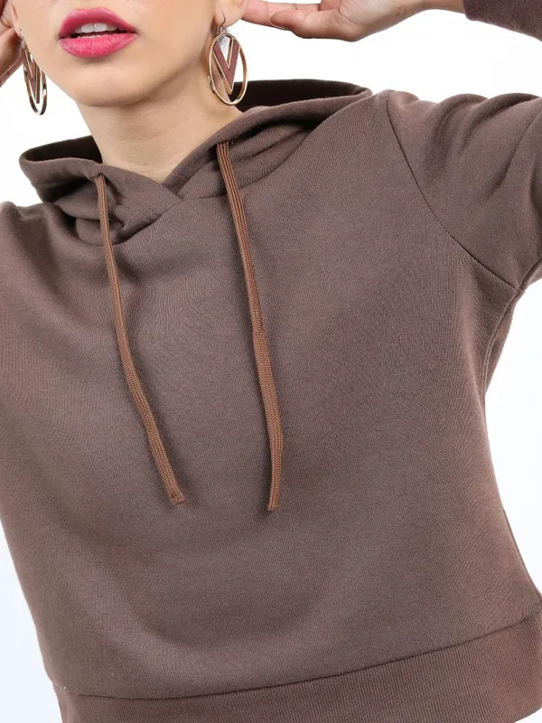  Ketch Women Brown Solid Pullover Hood Sweatshirts