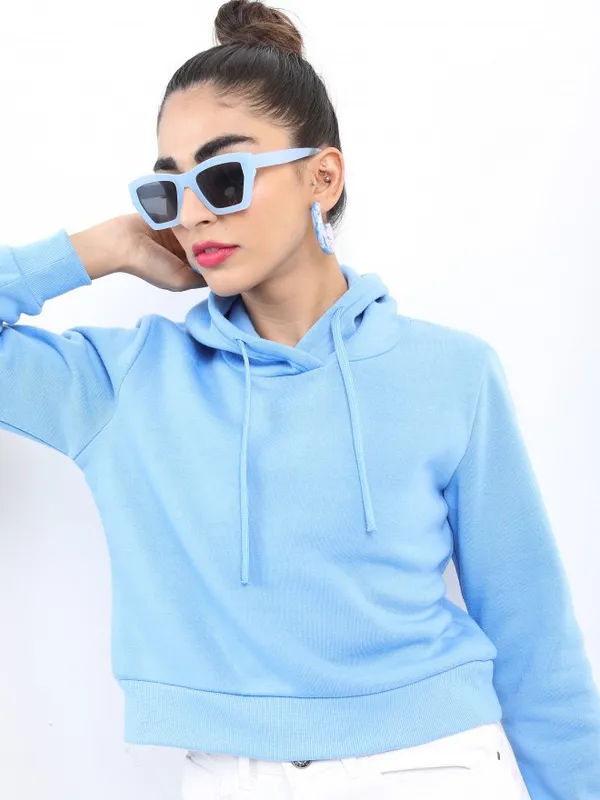  Ketch Women Blue Solid Pullover Hood Sweatshirts