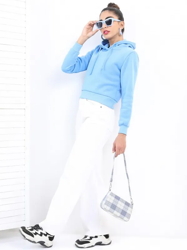  Ketch Women Blue Solid Pullover Hood Sweatshirts