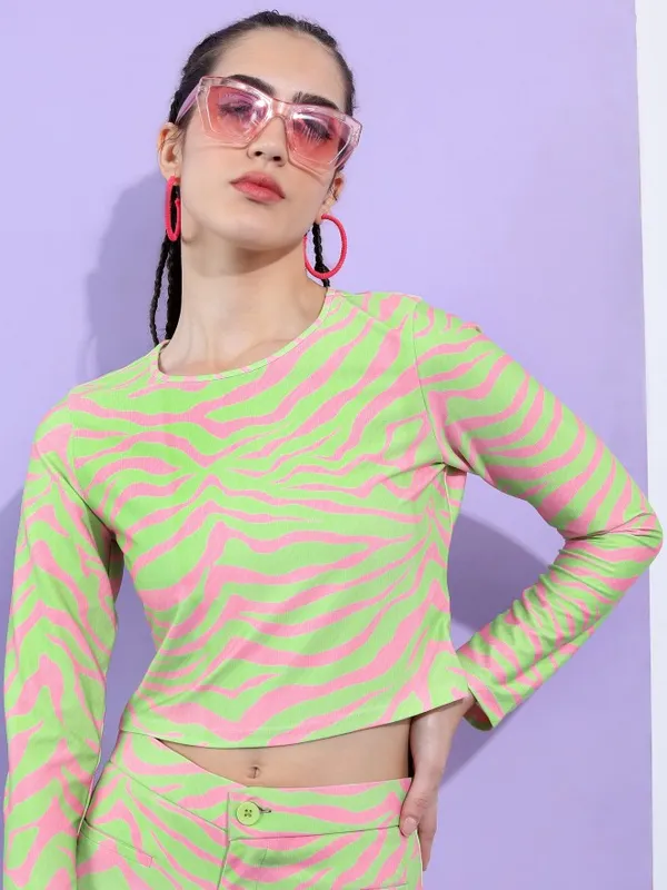  Tokyo Talkies Women Green Self Design Fitted Tops