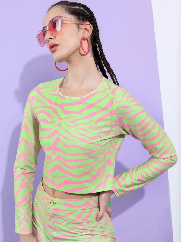  Tokyo Talkies Women Green Self Design Fitted Tops