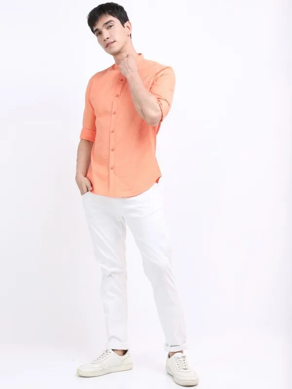  Ketch Men Beige Solid Slim Fit Casual Shirts