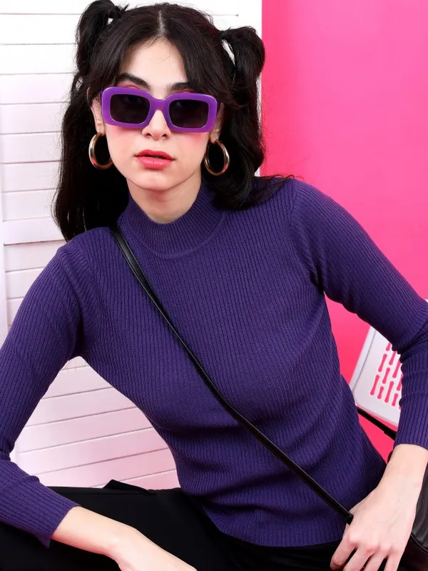  Tokyo Talkies Women Purple Round Neck Sweaters