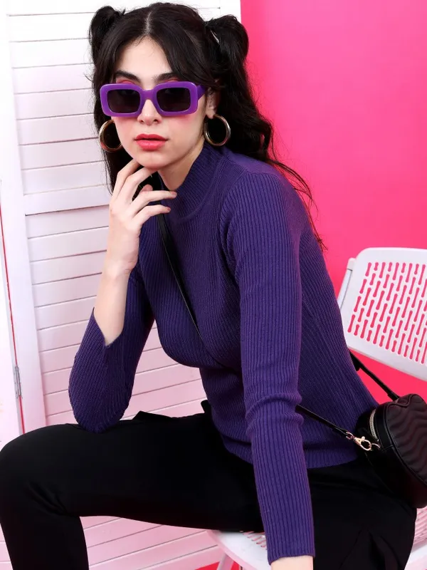  Tokyo Talkies Women Purple Round Neck Sweaters