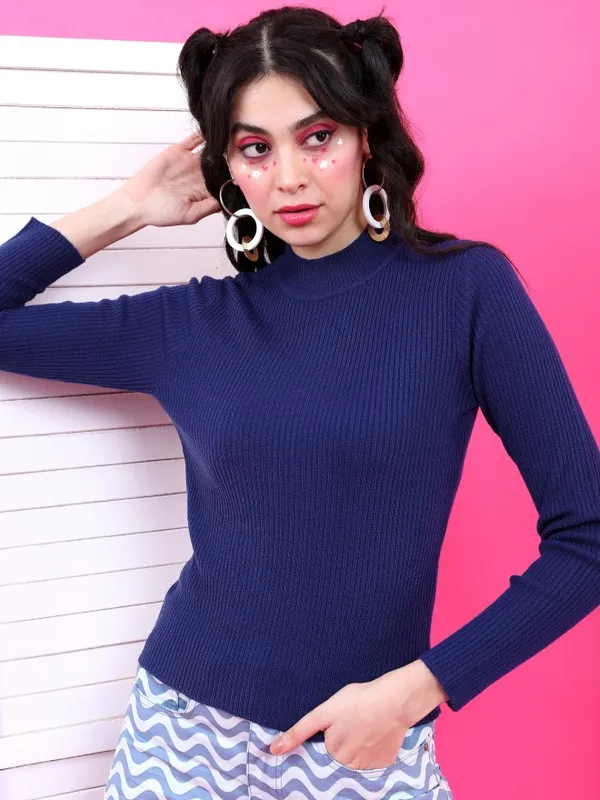 Tokyo Talkies Women Navy Blue High Neck Sweaters
