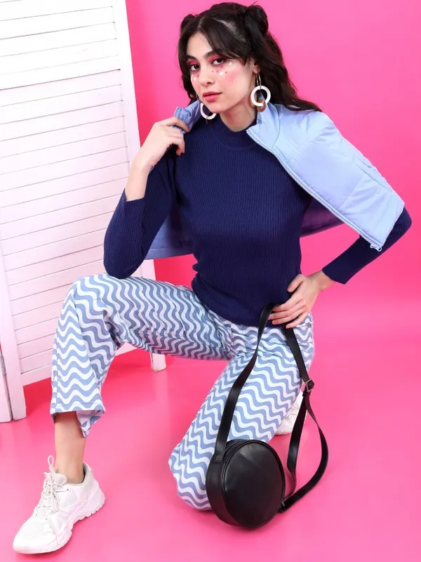Tokyo Talkies Women Navy Blue High Neck Sweaters