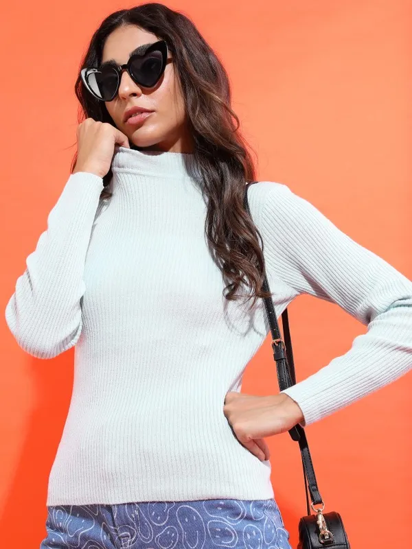 Tokyo Talkies Women Blue High Neck Sweaters