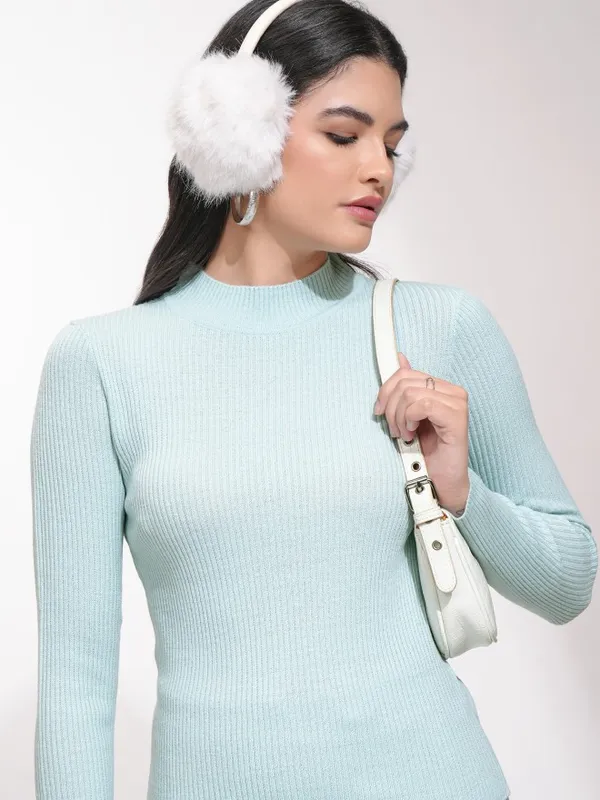 Tokyo Talkies Women Blue High Neck Sweaters