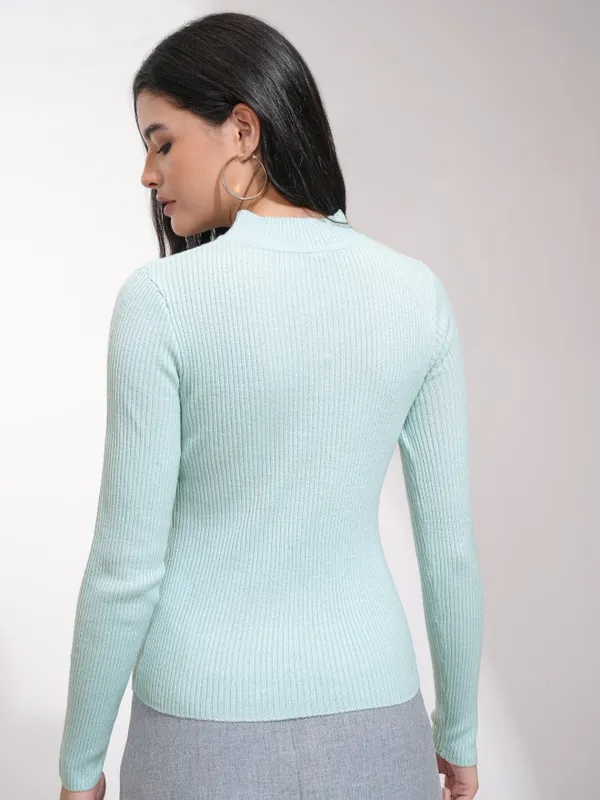 Tokyo Talkies Women Blue High Neck Sweaters