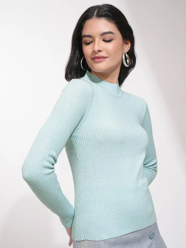 Tokyo Talkies Women Blue High Neck Sweaters
