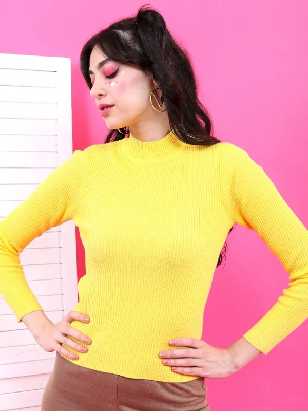 Tokyo Talkies Women Yellow High Neck Sweaters
