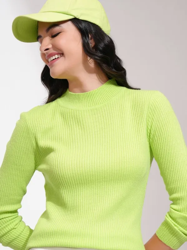 Tokyo Talkies Women Green Mock Collar Sweater