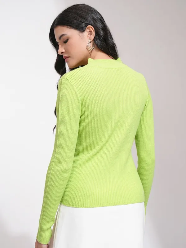 Tokyo Talkies Women Green Mock Collar Sweater