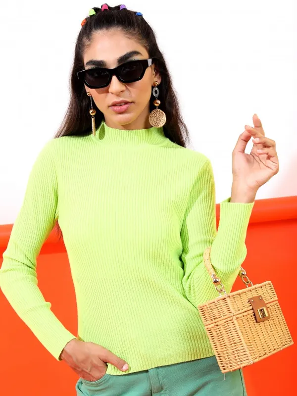 Tokyo Talkies Women Green Mock Collar Sweater