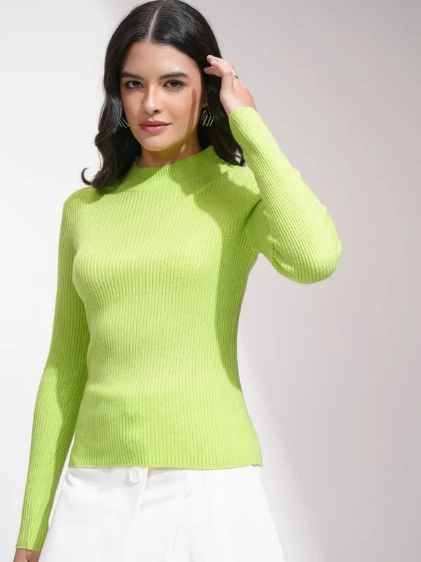 Tokyo Talkies Women Green Mock Collar Sweater