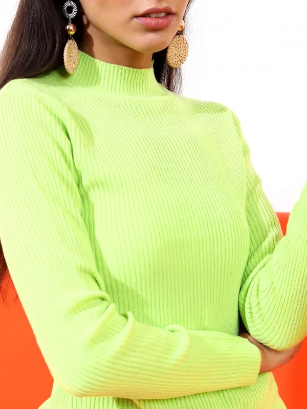 Tokyo Talkies Women Green Mock Collar Sweater