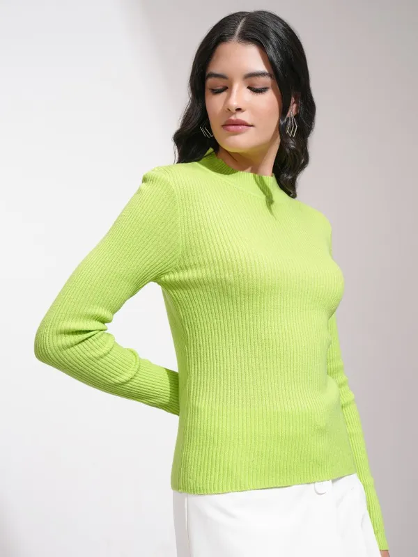 Tokyo Talkies Women Green Mock Collar Sweater