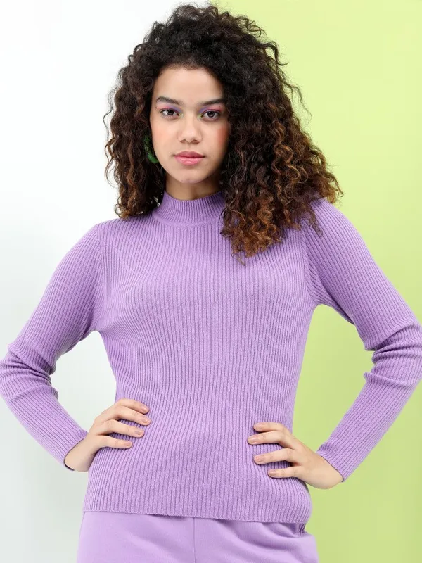 Tokyo Talkies Women Purple Mock Collar Sweaters