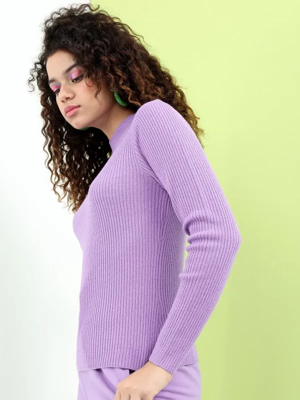 Tokyo Talkies Women Purple Mock Collar Sweaters
