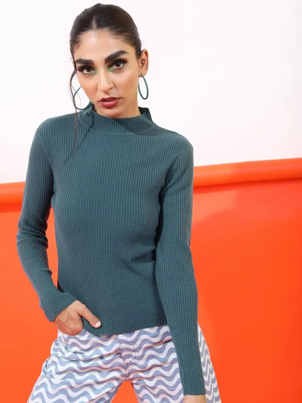 Tokyo Talkies Women Teal Mock Collar Sweater