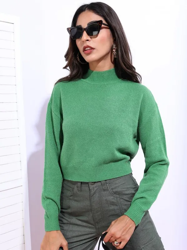  Tokyo Talkies Women Green Mock Collar Sweaters