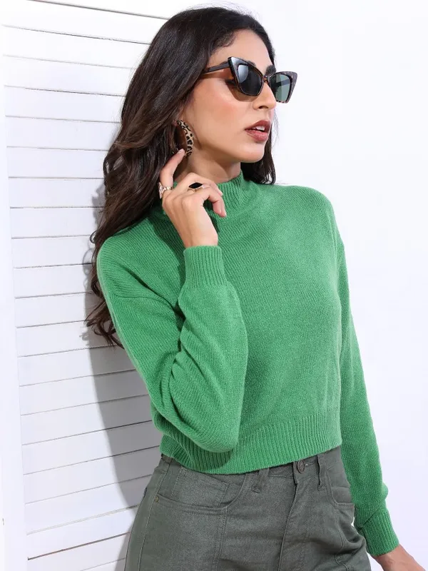  Tokyo Talkies Women Green Mock Collar Sweaters