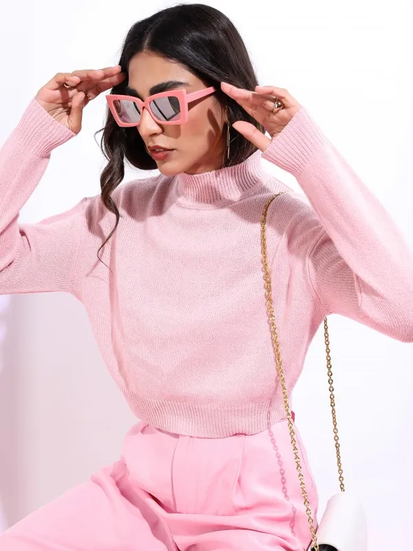 Tokyo Talkies Women Pink High Neck Sweaters