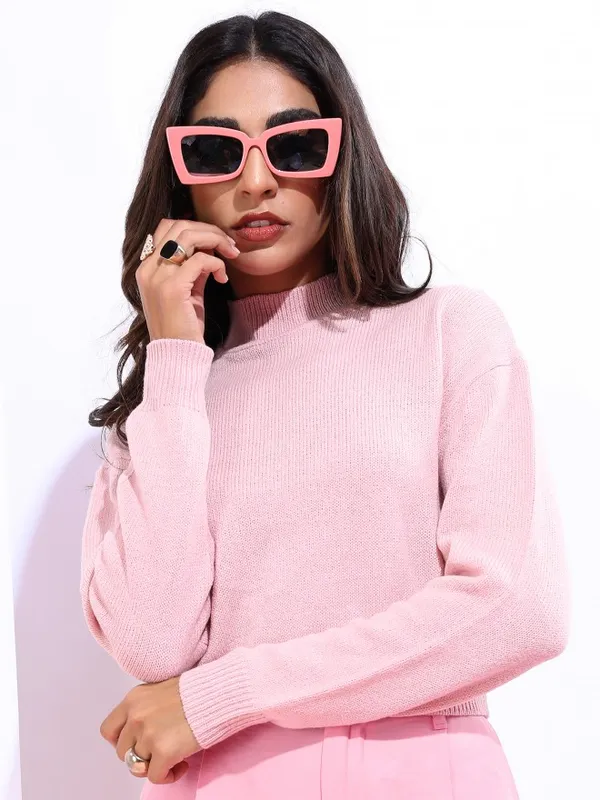 Tokyo Talkies Women Pink High Neck Sweaters