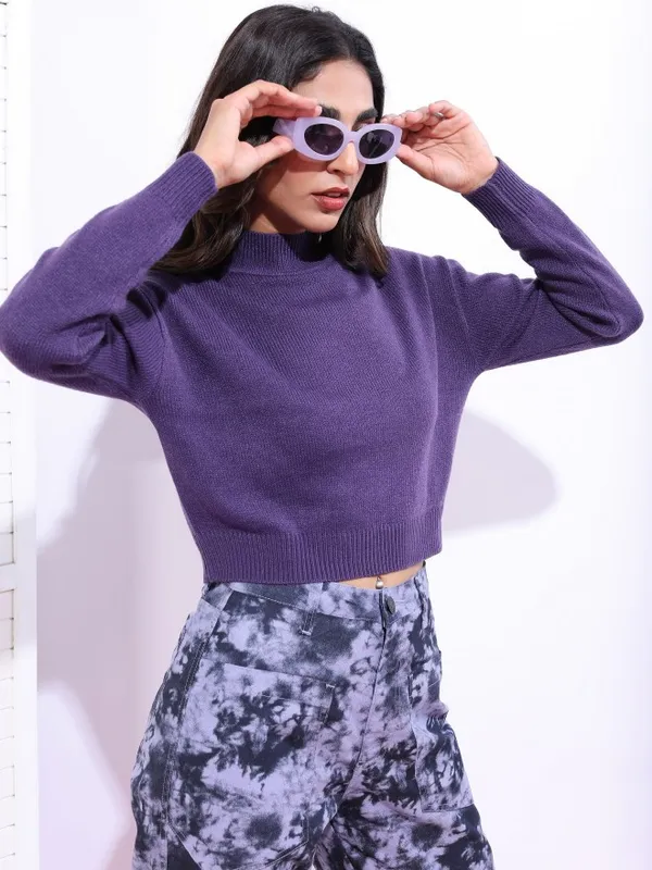 Tokyo Talkies Women Purple High Neck Sweaters
