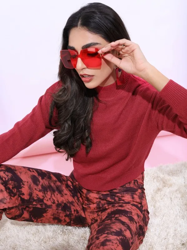 Tokyo Talkies Women Red High Neck Sweaters